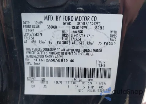 2010 Ford F-250 Xl/Xlt из США, поврежденный, VIN 1FTNF2A58AEB19140